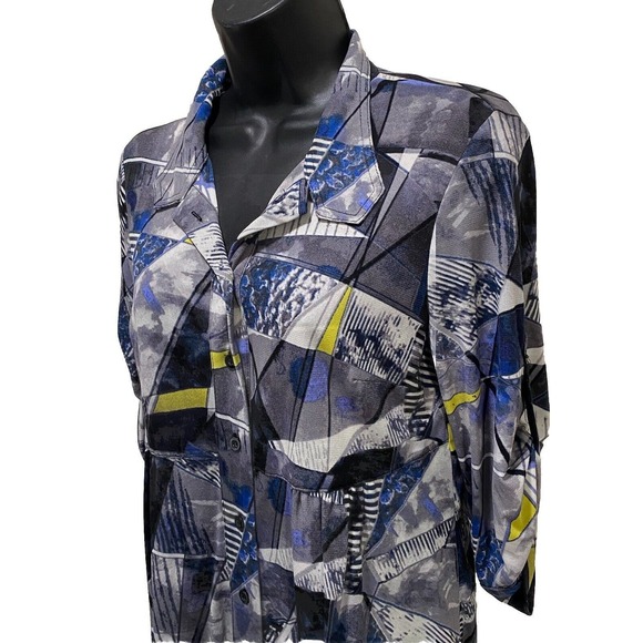 Style & Co Black/Gray/Yellow Geo Print Button Up 3/4 Sleeve Tab Blouse Size‎ S - Picture 2 of 7
